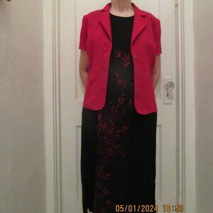 DJSummers red jacket over black dress with red embroidery; size 14